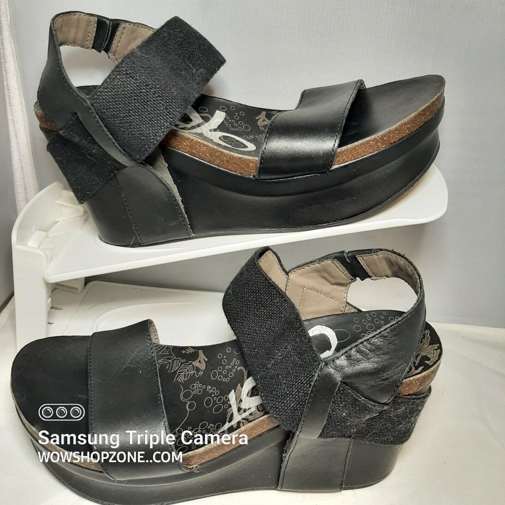 OTBT Bushnell Womens Black Leather Elastic Ankle Strap Wedge Sandals Size 6 Goth